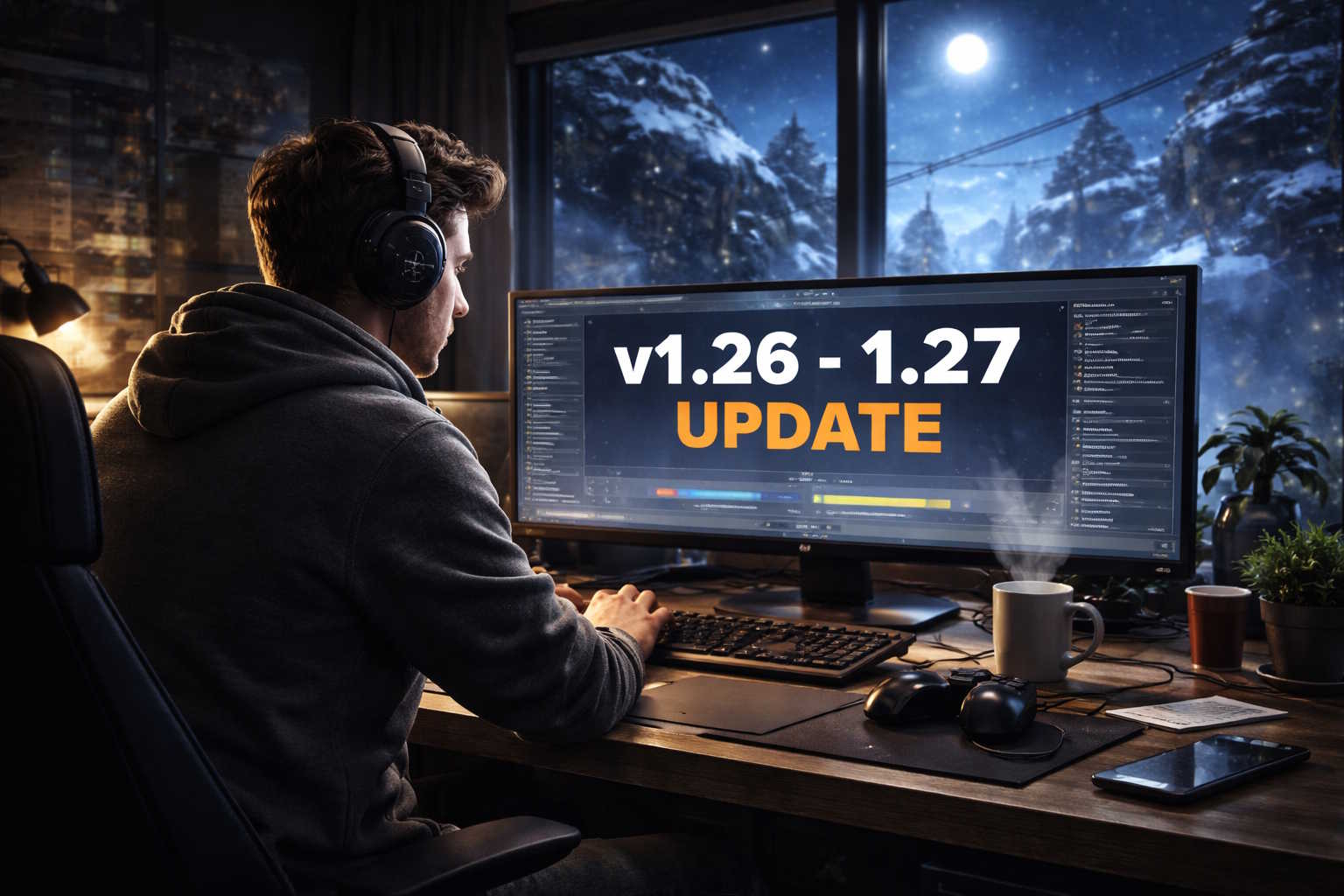 A game developer wearing headphones and a hoodie works late at night on a dual-monitor setup displaying v1.26–1.27 update details. The modern office is illuminated by the monitors and moonlight through a snowy window, with a steaming cup of coffee, a game controller, and potted plants on the desk.